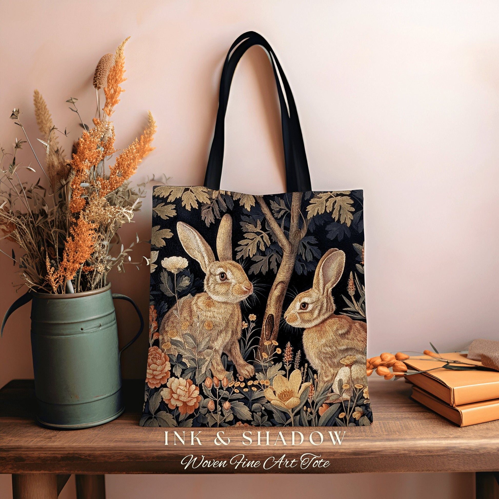 Forest Aesthetic Rabbit Bag | Boho Satchel Folk Art Woven Tapestry Bag William Morris Dark Botanical Aesthetic Spring Gothic Medieval