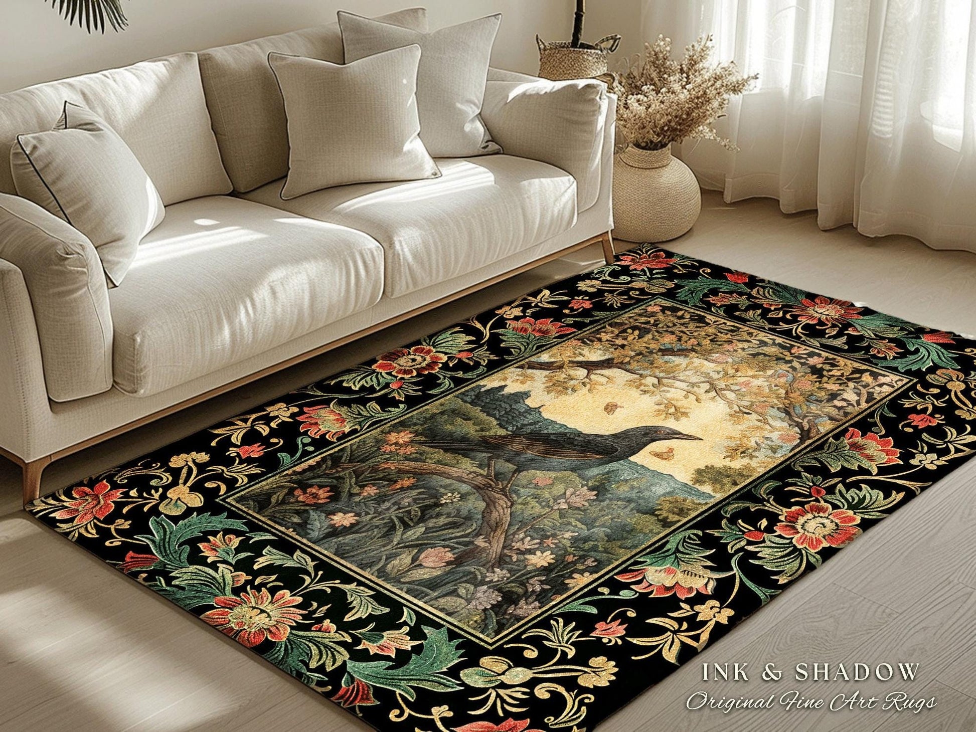 Victorian Gothic Round Raven Rug Morris Inspired Cottagecore Aesthetic | Woodland Fairycore Bedroom Black Crow Forestcore Home Decor Whimsy
