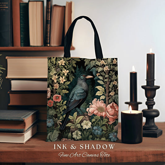 Jungle Crow Woven Tapestry Tote | Goth Tote William Morris Inspired Raven Tote Bag Crow Core Satchel Maximalist Tapestry Tote Dark Botanical