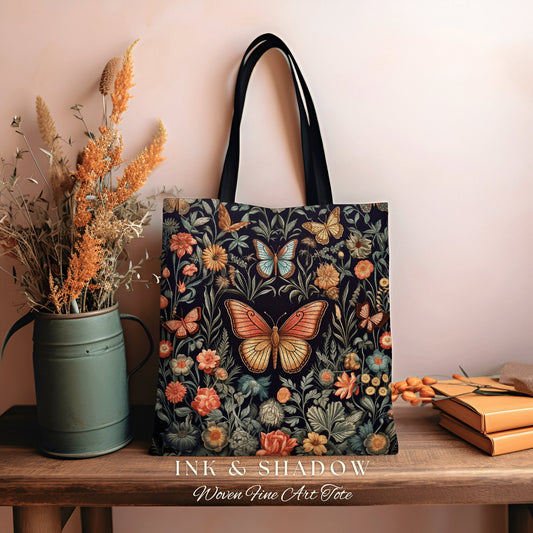 Maximalist Butterfly Tote Bag | Cottagecore Gift for Butterfly Lover Dark Academia Floral Satchel Fairycore Pastel Aesthetic Tapestry Tote |