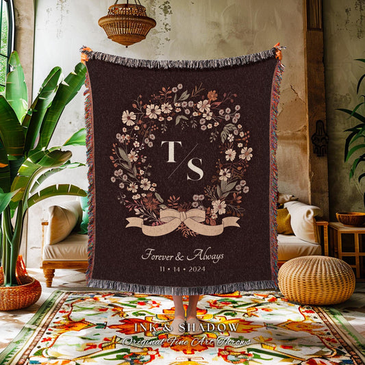 Autumn Aesthetic Initials Blanket Custom | Cotton Anniversary Forever and Always Sentimental Woven Tapestry Keepsake Folklore Boho Wreath |