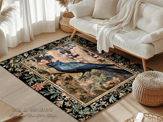 Crowcore Area Rug | Woodland Gothic Room Decor William Morris Inspired Cottagecore Aesthetic Dark Fairycore Bedroom Black Crow Raven