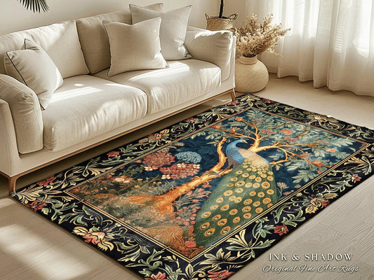 Cottagecore Peacock Accent Rug | Royalcore Floral Room Decor William Morris Inspired Cottagecore Aesthetic Fairycore Bedroom Ethereal