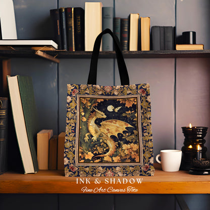 Ethereal Dragon Tapestry Tote Antique Mystical Moonlit Forest Fairytale Decor | Enchanted Fairycore Celestial Night Art Fantasy Woven Bag |