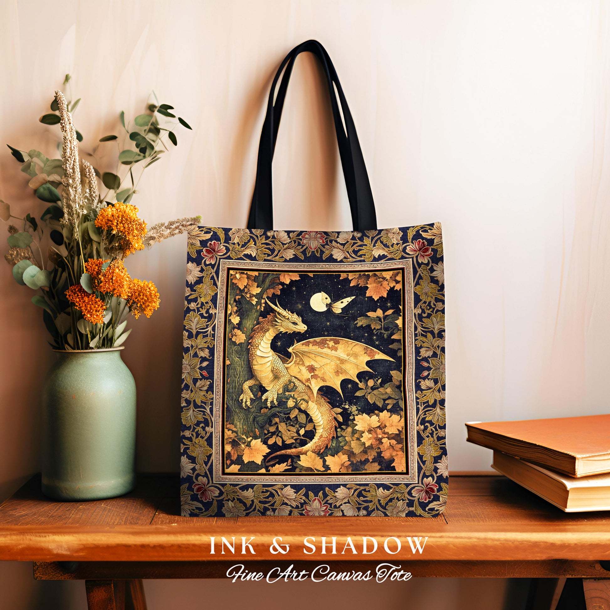 Ethereal Dragon Tapestry Tote Antique Mystical Moonlit Forest Fairytale Decor | Enchanted Fairycore Celestial Night Art Fantasy Woven Bag |