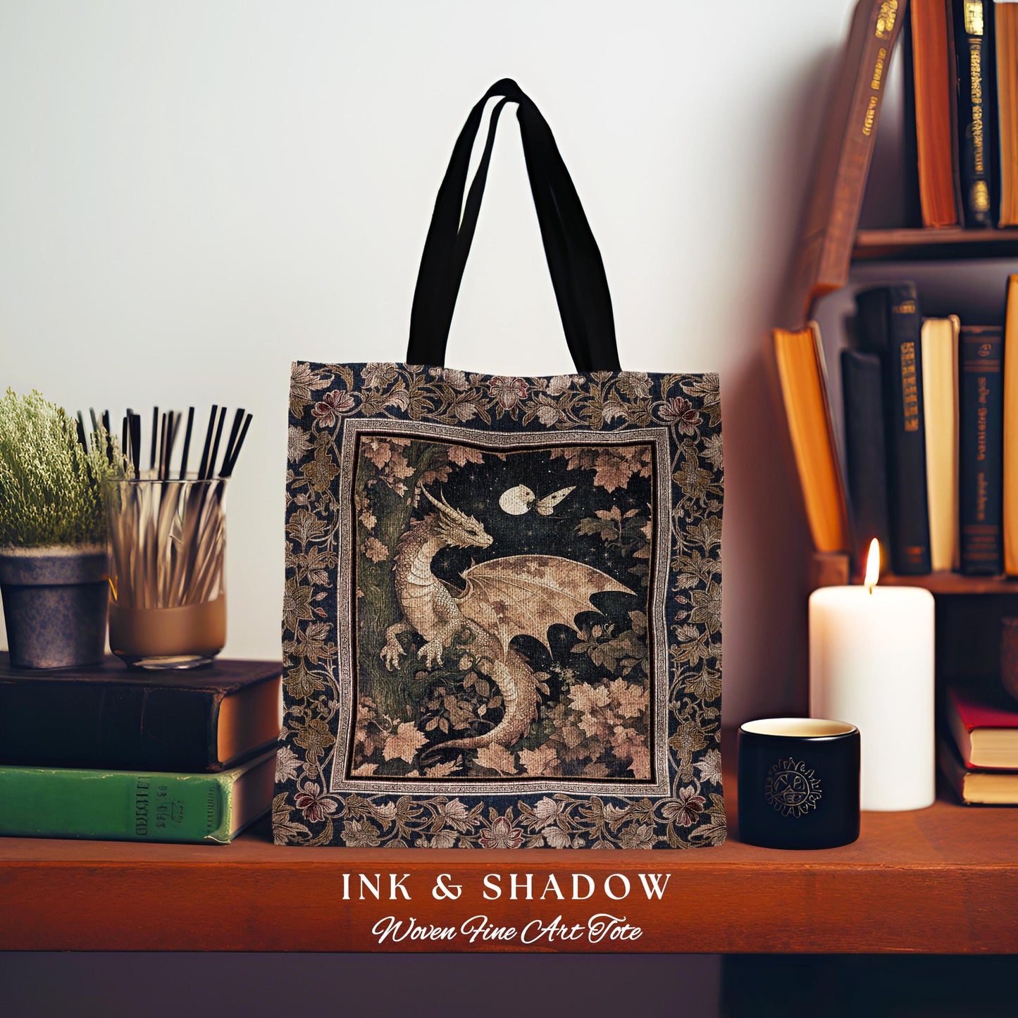 Ethereal Dragon Tapestry Tote Antique Mystical Moonlit Forest Fairytale Decor | Enchanted Fairycore Celestial Night Art Fantasy Woven Bag |