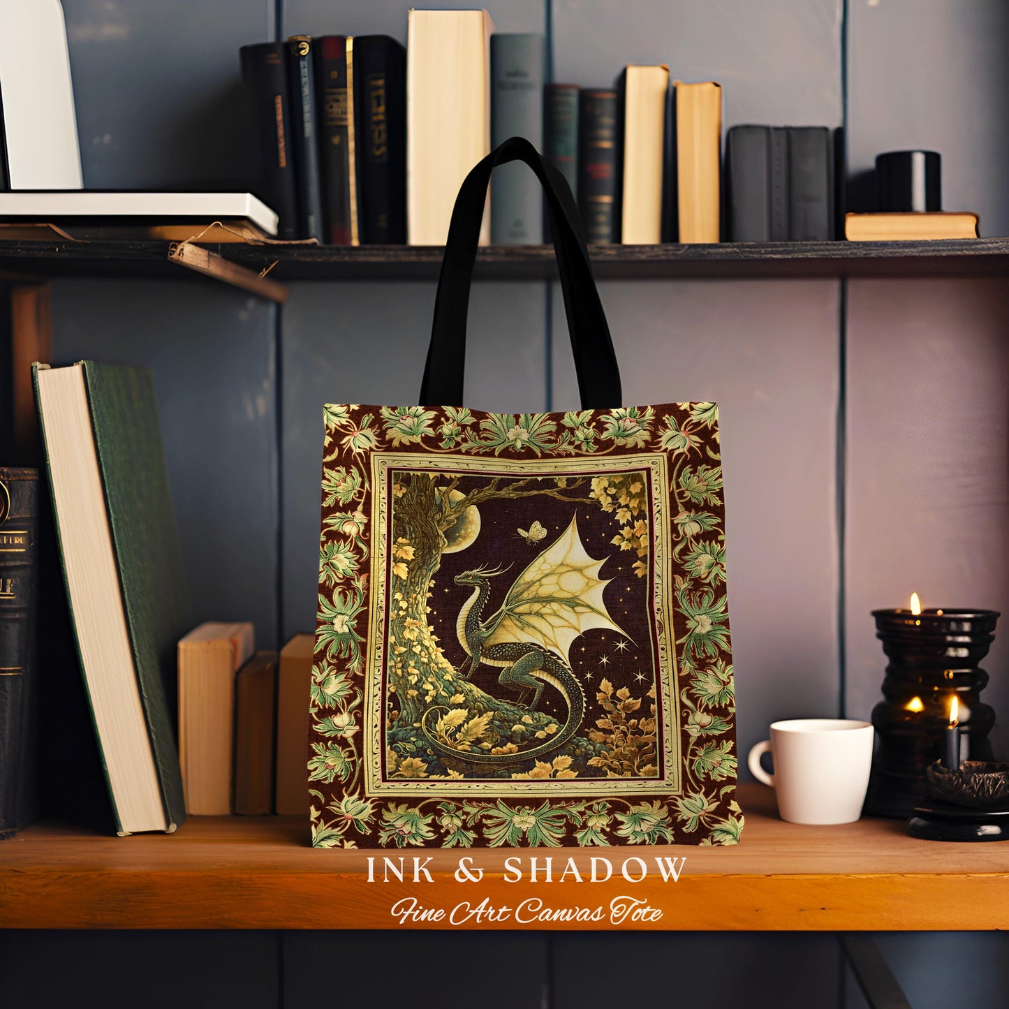 Mystical Dragon Blanket Gilded Hygge Antique Moonlit Forest Fantasy Art Tote Bag | Vintage Celestial Romantic Baroque Woodland Tapestry Tote