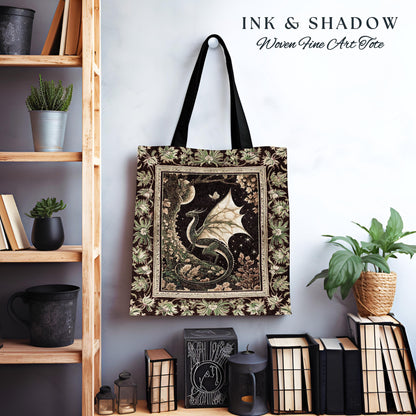 Mystical Dragon Blanket Gilded Hygge Antique Moonlit Forest Fantasy Art Tote Bag | Vintage Celestial Romantic Baroque Woodland Tapestry Tote