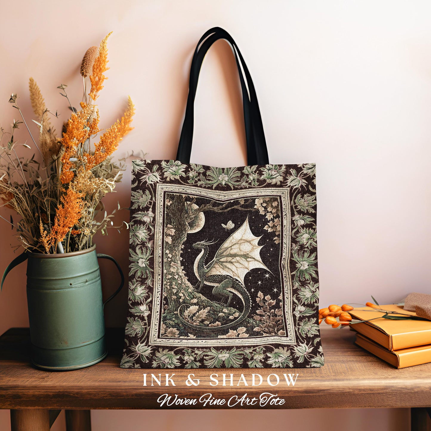 Mystical Dragon Blanket Gilded Hygge Antique Moonlit Forest Fantasy Art Tote Bag | Vintage Celestial Romantic Baroque Woodland Tapestry Tote