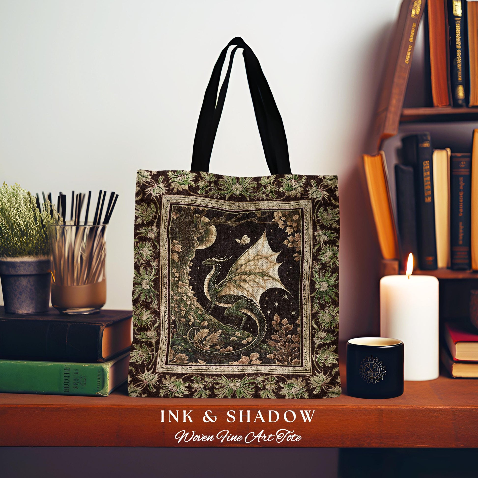 Mystical Dragon Blanket Gilded Hygge Antique Moonlit Forest Fantasy Art Tote Bag | Vintage Celestial Romantic Baroque Woodland Tapestry Tote