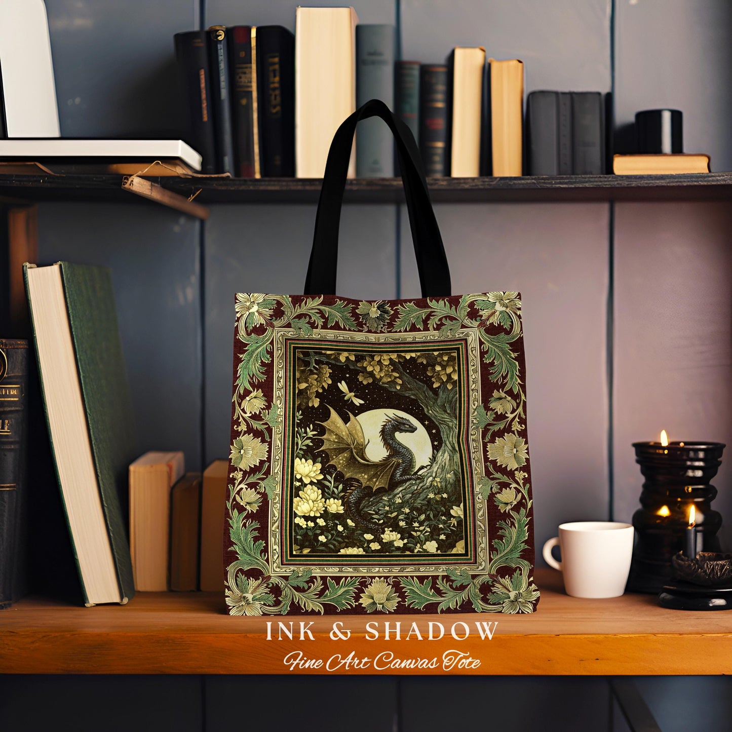 Woodland Gothic Dragon Tote Mystical Forest Green Full Moon Celestial Magic Fantasy Art | Whimsigothic Enchanted Fairytale Tapestry Bag |