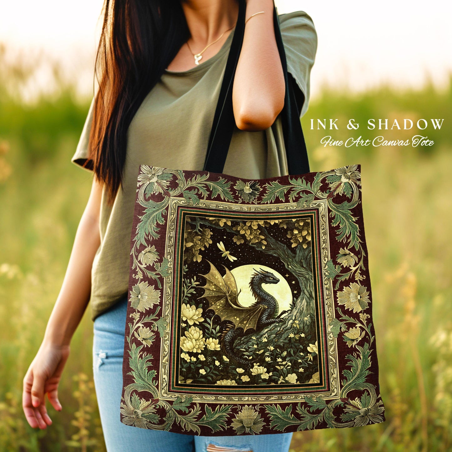 Woodland Gothic Dragon Tote Mystical Forest Green Full Moon Celestial Magic Fantasy Art | Whimsigothic Enchanted Fairytale Tapestry Bag |