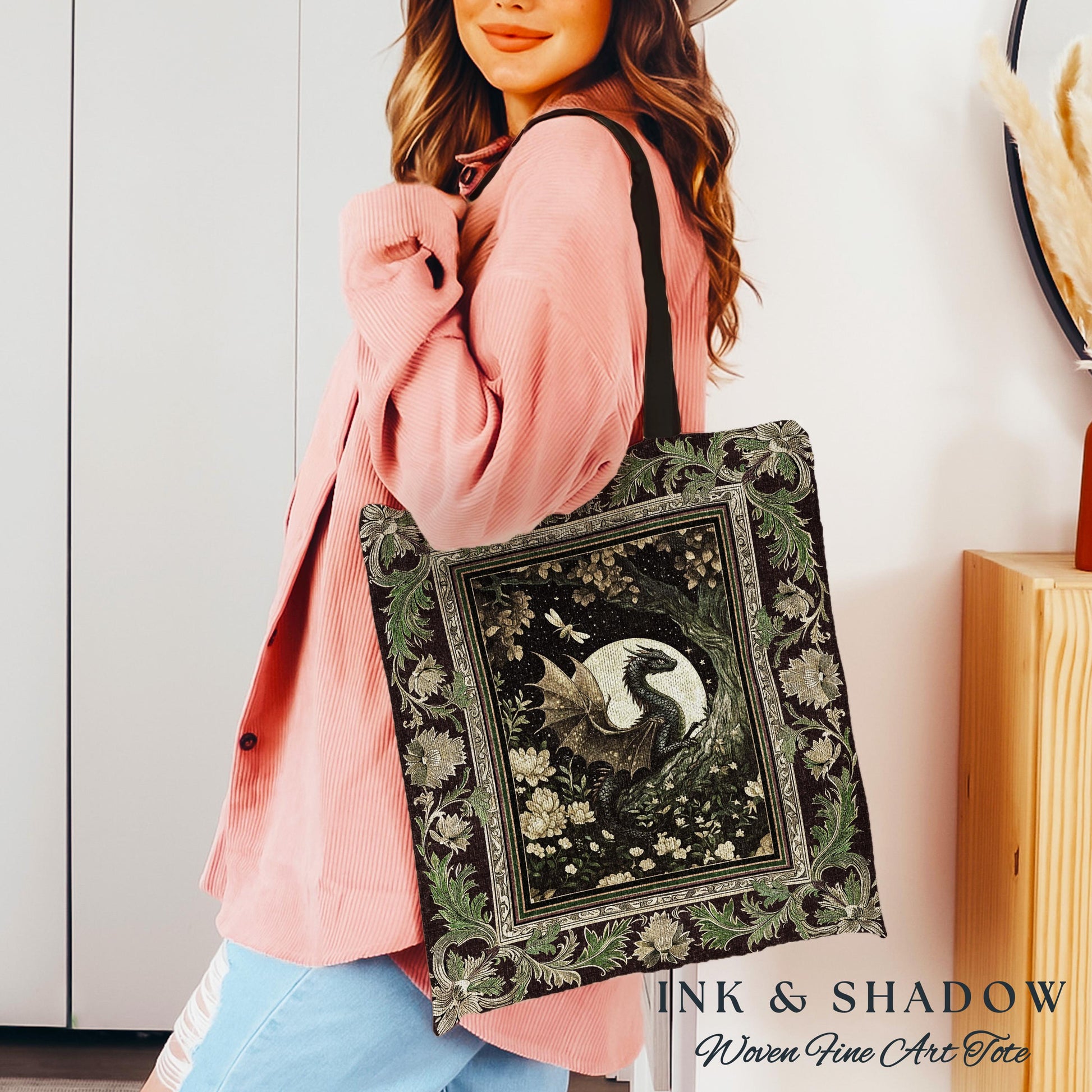 Woodland Gothic Dragon Tote Mystical Forest Green Full Moon Celestial Magic Fantasy Art | Whimsigothic Enchanted Fairytale Tapestry Bag |