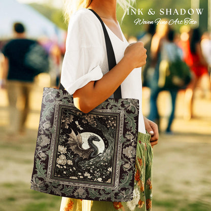 Woodland Gothic Dragon Tote Mystical Forest Green Full Moon Celestial Magic Fantasy Art | Whimsigothic Enchanted Fairytale Tapestry Bag |