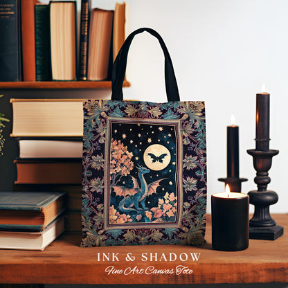 Enchanted Fall Forest Celestial Dragon Bag Whimsical Starry Night Tote | Magical Woodland Goblincore Mystical Moon Fairytale Ethereal Art