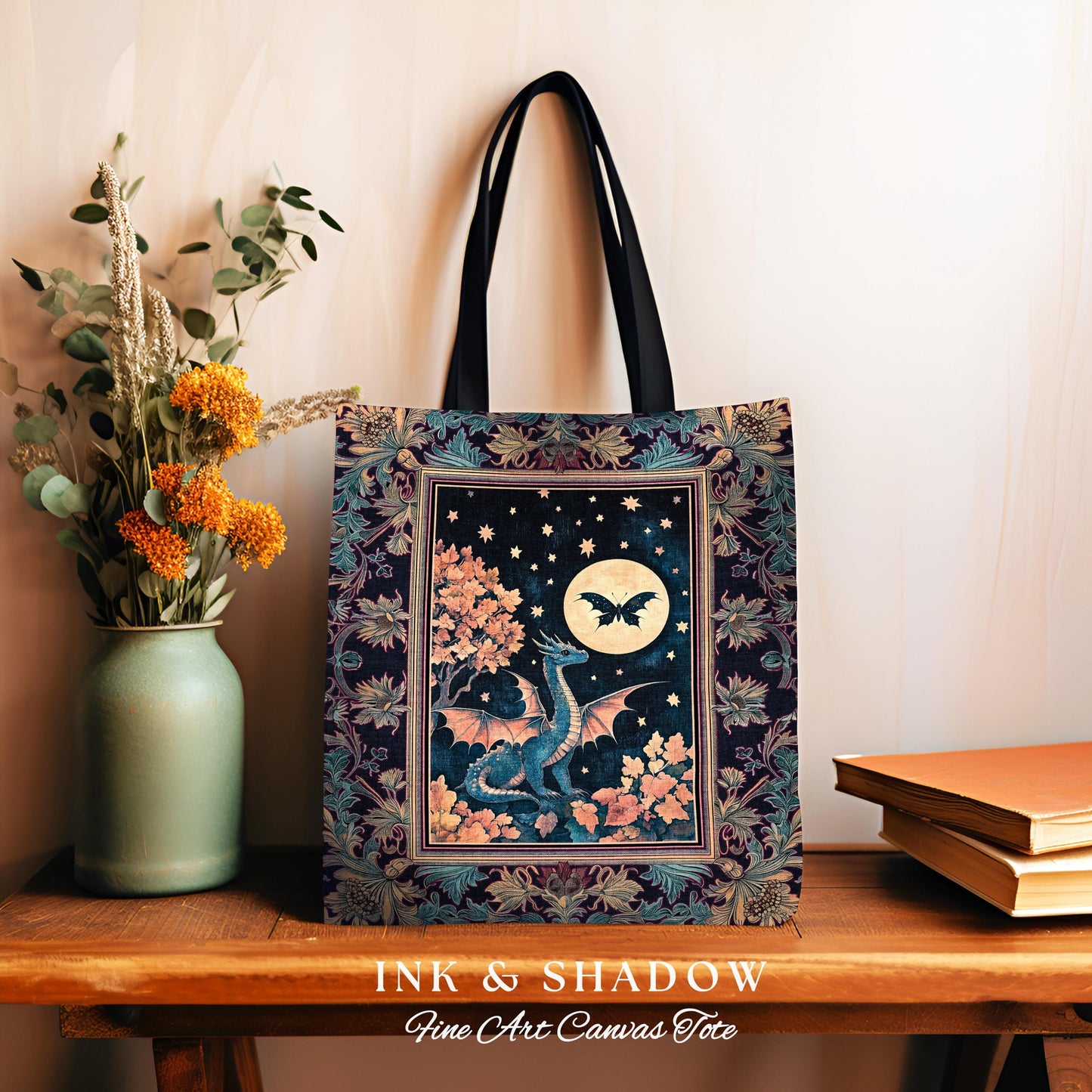 Enchanted Fall Forest Celestial Dragon Bag Whimsical Starry Night Tote | Magical Woodland Goblincore Mystical Moon Fairytale Ethereal Art