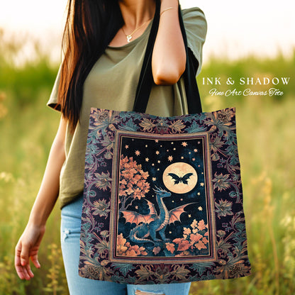 Enchanted Fall Forest Celestial Dragon Bag Whimsical Starry Night Tote | Magical Woodland Goblincore Mystical Moon Fairytale Ethereal Art