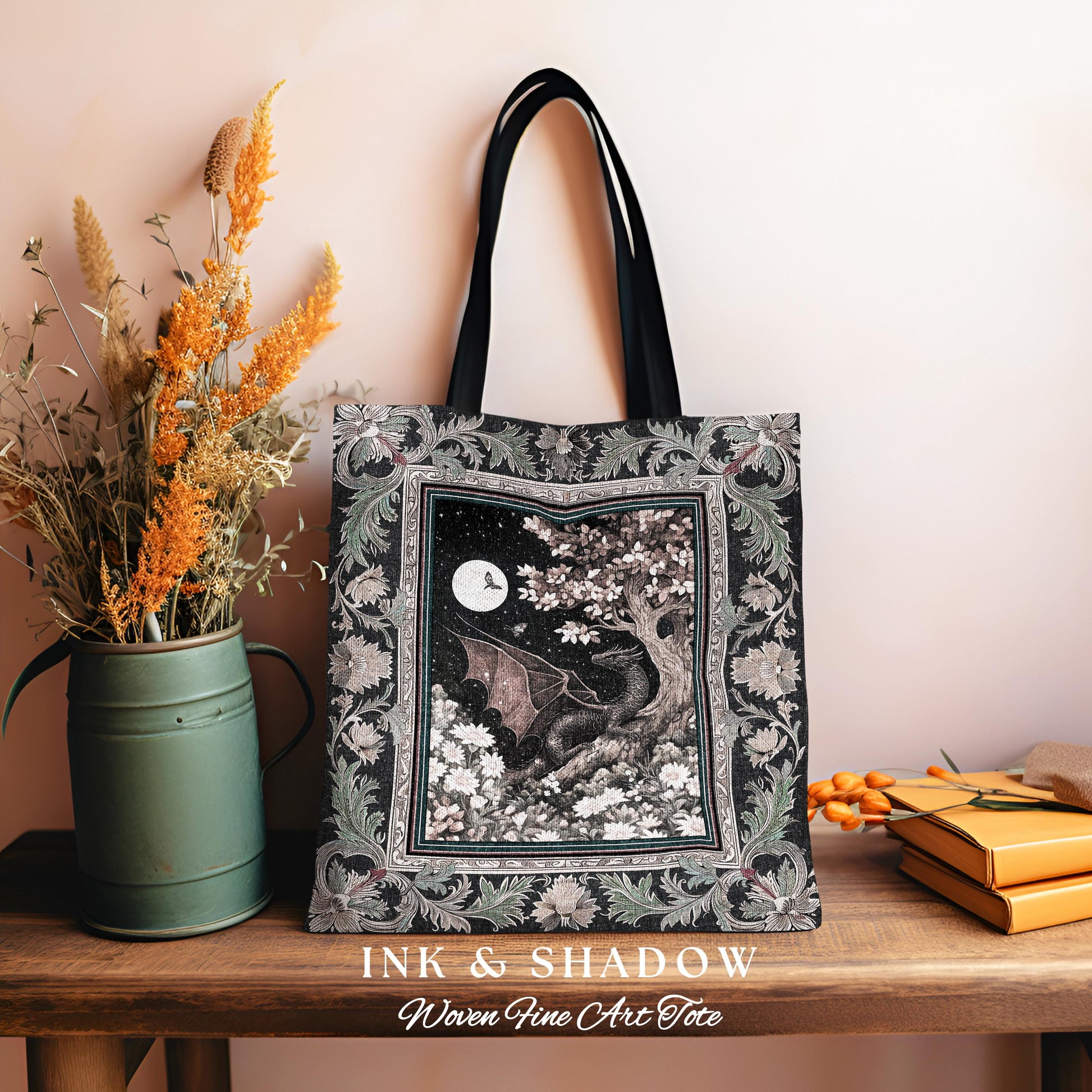 Dreamscape Tote Bag Twilight Dragon Dark Floral Enchanted Victorian Gothic Art Decor | Mystic Forest Whimsical Folklore Magic Tapestry Bag