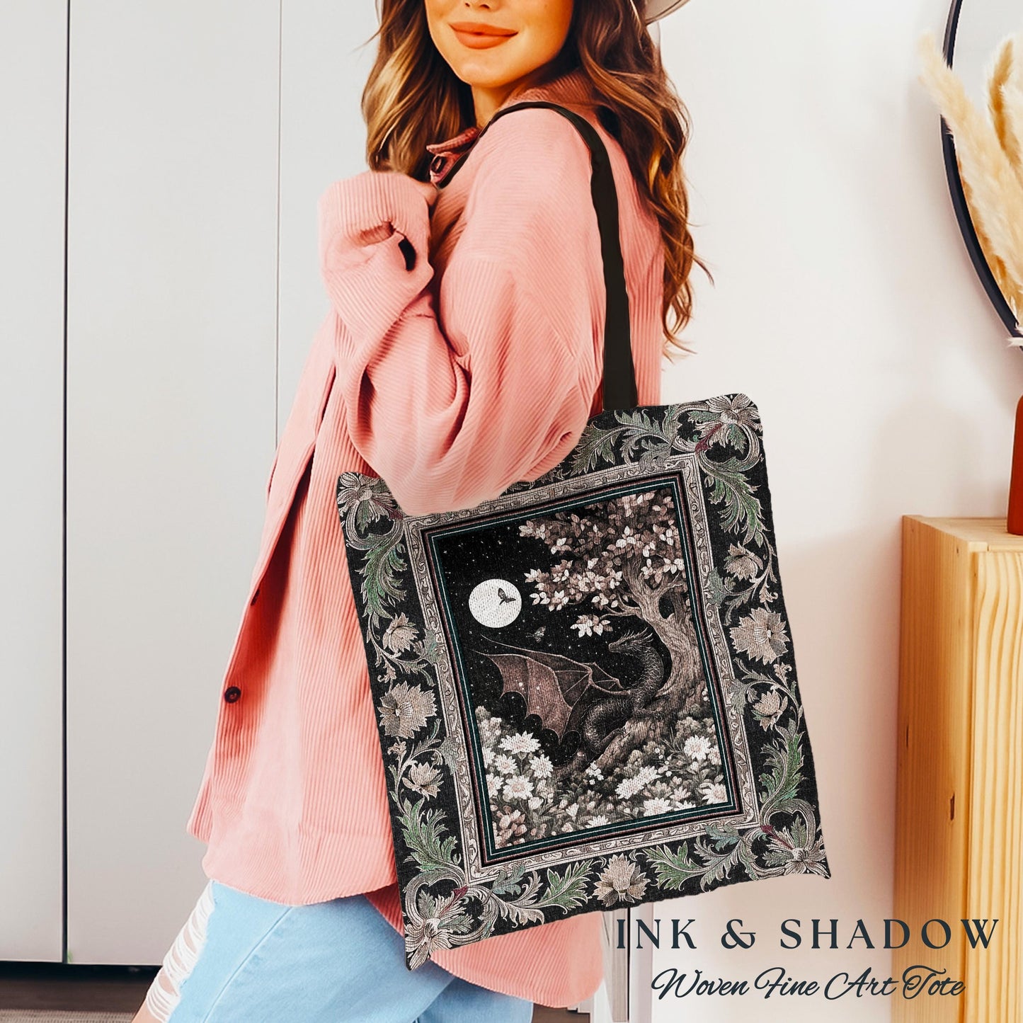 Dreamscape Tote Bag Twilight Dragon Dark Floral Enchanted Victorian Gothic Art Decor | Mystic Forest Whimsical Folklore Magic Tapestry Bag