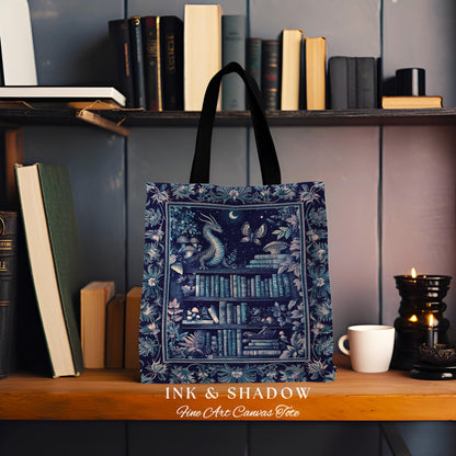 Midnight Blue Enchanted Library Dragon Tote Celestial Dark Academia Fairycore | Whimsical Gothic Cottagecore Fantasy Art Tapestry Bag Woven