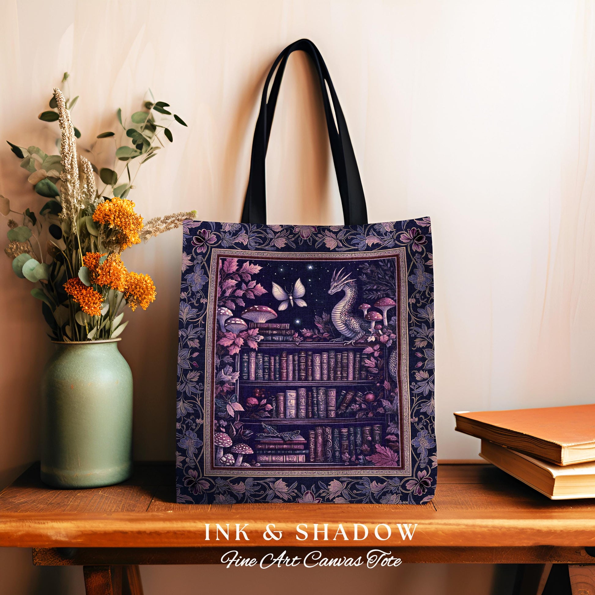Fairytale Books & Dragon Tote Mystical Cottagecore Purple Bag | Whimsical Witchy Reading Nook Tapestry Enchanted Victorian Academia Artwork