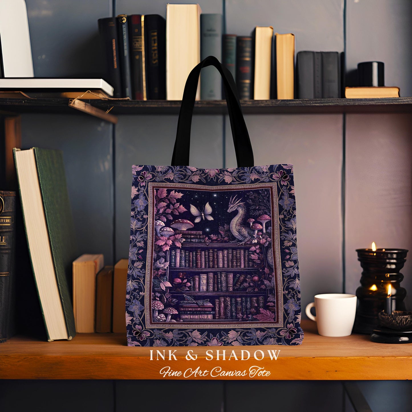 Fairytale Books & Dragon Tote Mystical Cottagecore Purple Bag | Whimsical Witchy Reading Nook Tapestry Enchanted Victorian Academia Artwork