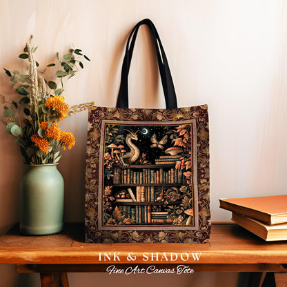 Rust Burnt Orange Woodland Book Nook Magical Dragon Tote Bag Dark Academia | Goblincore Vintage Folklore Bookshelf Enchanted Tapestry Bag |