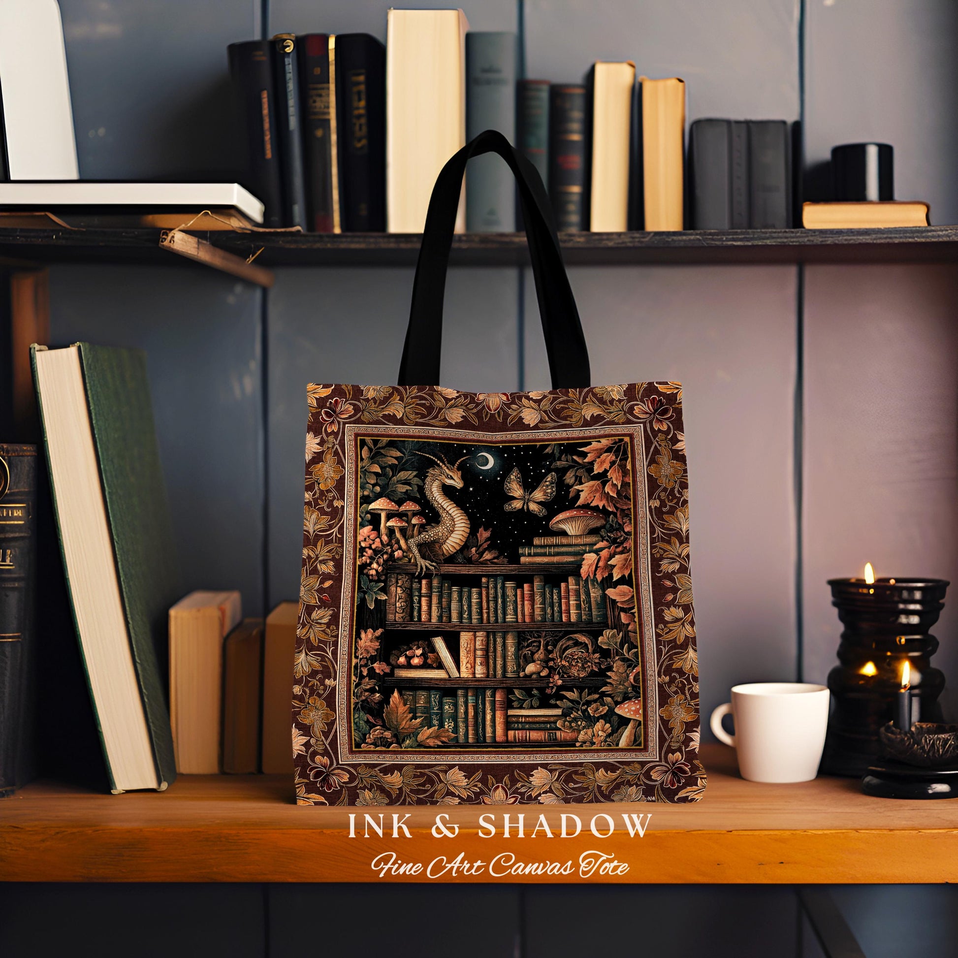 Rust Burnt Orange Woodland Book Nook Magical Dragon Tote Bag Dark Academia | Goblincore Vintage Folklore Bookshelf Enchanted Tapestry Bag |