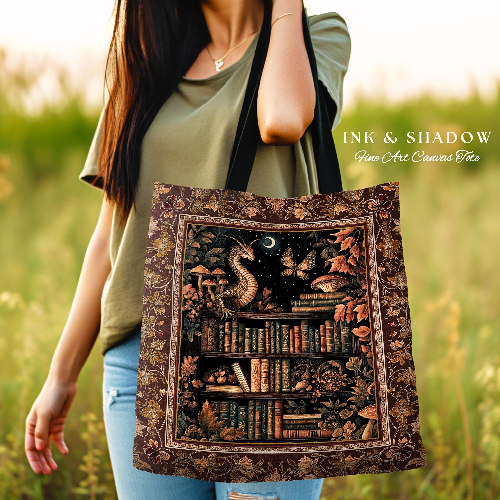 Rust Burnt Orange Woodland Book Nook Magical Dragon Tote Bag Dark Academia | Goblincore Vintage Folklore Bookshelf Enchanted Tapestry Bag |