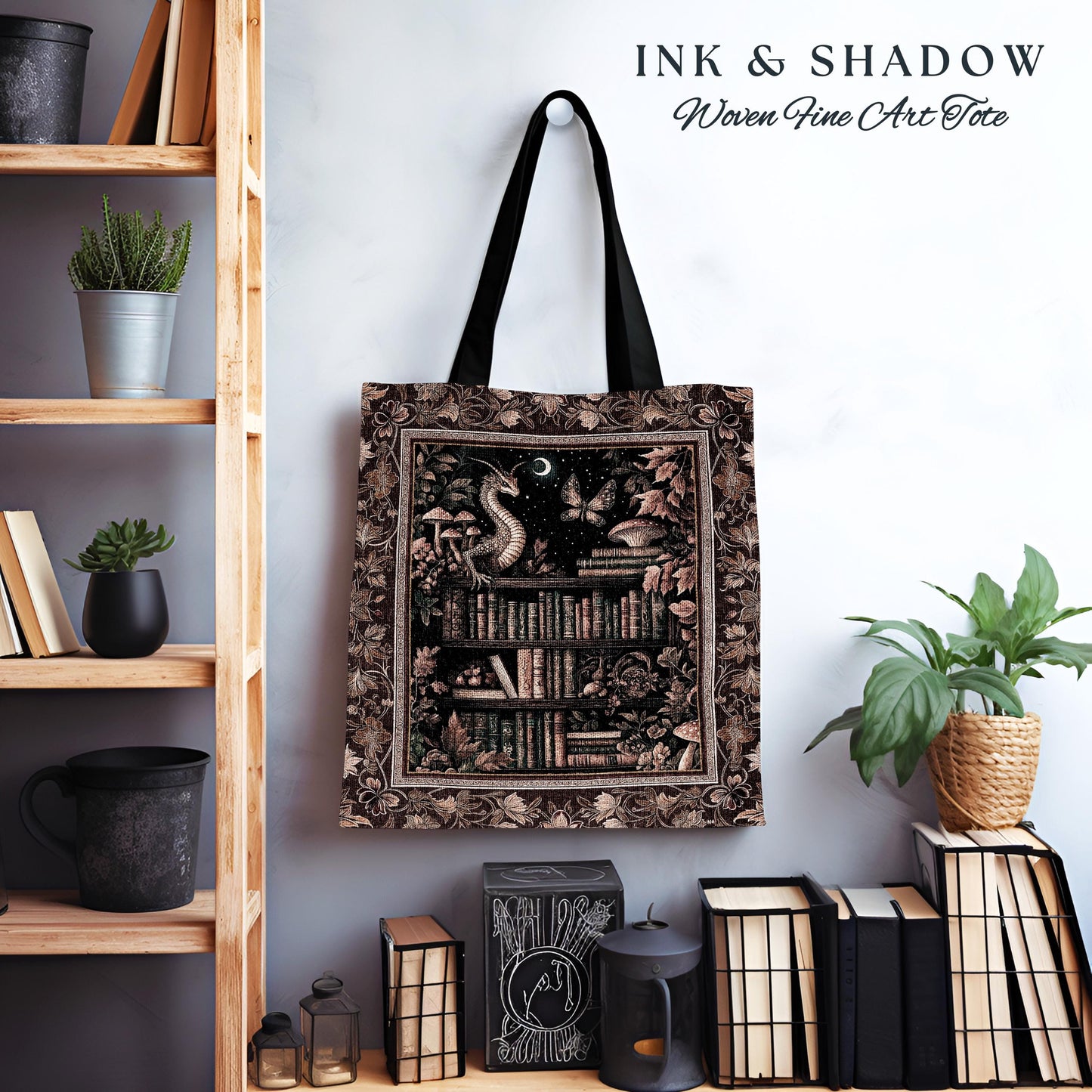 Rust Burnt Orange Woodland Book Nook Magical Dragon Tote Bag Dark Academia | Goblincore Vintage Folklore Bookshelf Enchanted Tapestry Bag |