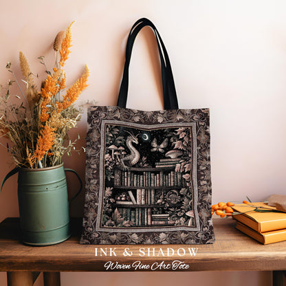 Rust Burnt Orange Woodland Book Nook Magical Dragon Tote Bag Dark Academia | Goblincore Vintage Folklore Bookshelf Enchanted Tapestry Bag |