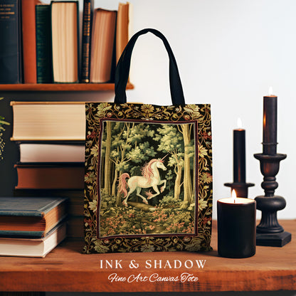 Medieval Unicorn Tapestry Tote Bag Dark Woodland Aesthetic | Enchanted Forest Accessory Whimsical Cottagecore Fantasy Art Mystic Forestcore