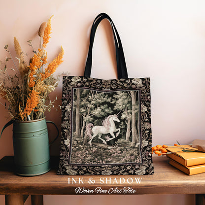 Medieval Unicorn Tapestry Tote Bag Dark Woodland Aesthetic | Enchanted Forest Accessory Whimsical Cottagecore Fantasy Art Mystic Forestcore