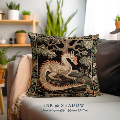 Mystic Medieval Dragon Pillow Whimsigothic Home Decor | Magical Forestcore Vintage Aesthetic Cushion Maximalist Woodland Gothic Art Accent