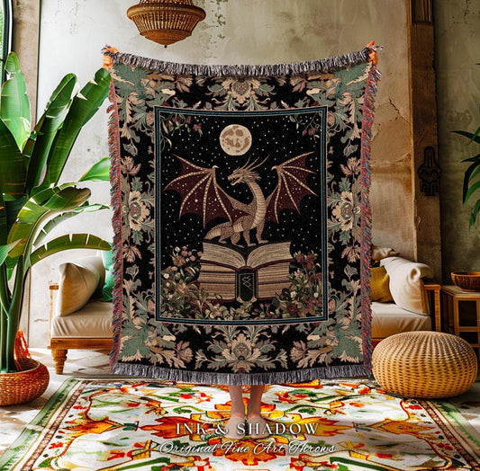 Witchy Dragon Tapestry Woven | Magical Mysticism Aesthetic Dark Tapestry for Book Nook Whimsigothic Bedroom Medieval Gothic Cottagecore Gift