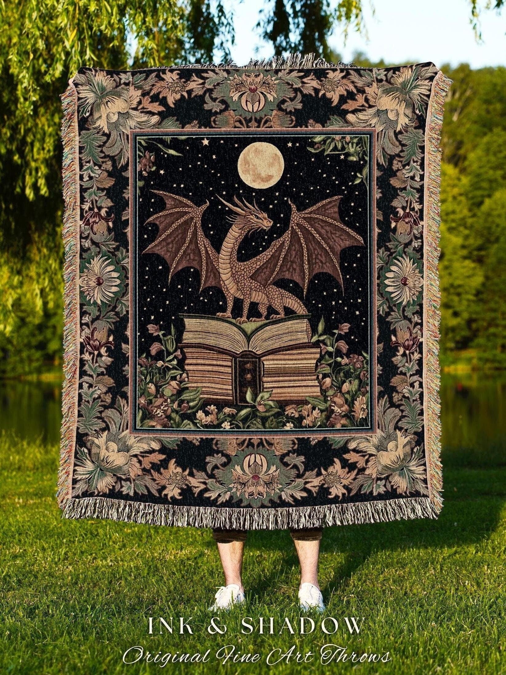 Book Nook Dragon Blanket Woven | Dark Academia Magical Aesthetic Dark Tapestry for Book Lover Whimsigothic Bedroom Medieval Cottagecore |