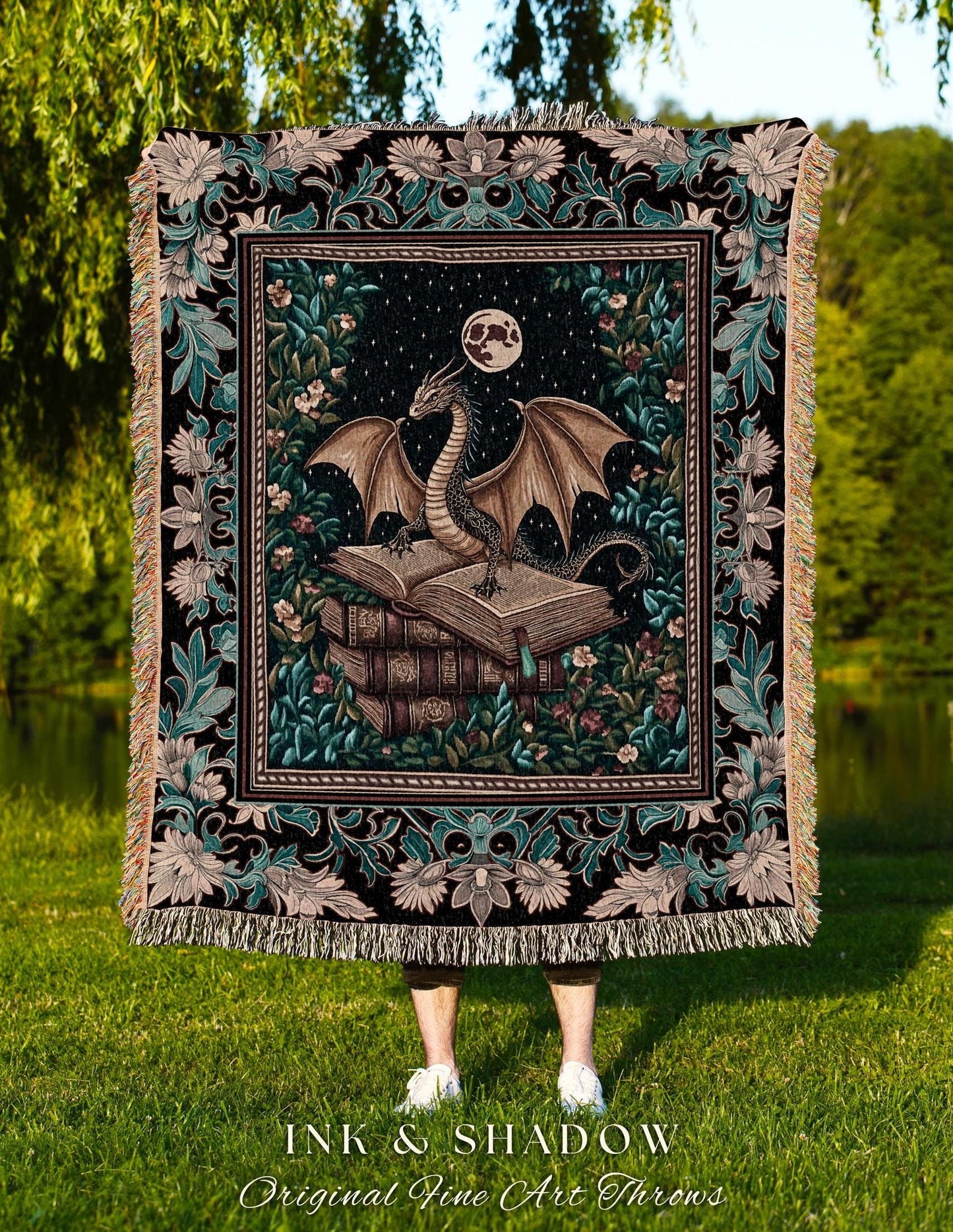 Fantasy Tapestry Blanket Medieval Dragon | Medieval Library Aesthetic Gothic Cottagecore Decor for Book Nook Crowcore Fairytale Bedroom |