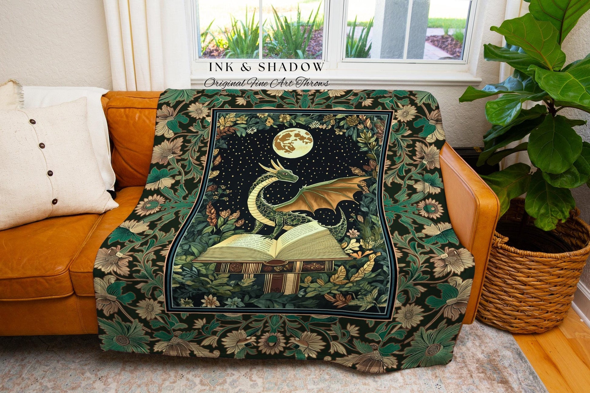 Medieval Library Cozy Reading Blanket | Dragon Aesthetic Whimsigothic Dark Academia Decor for Book Nook Crowcore Fairytale Bedroom Victorian