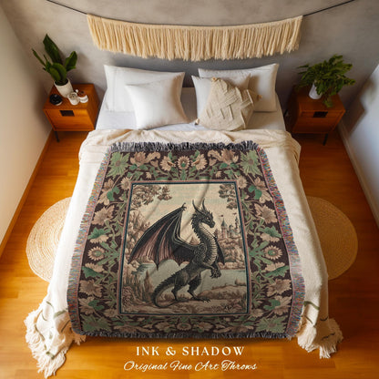 Dark Maximalist Dragon Throw Blanket Woven | Victorian Floral Woodland Fairytale Tapestry Whimsigothic Dark Academia Decor Mystic Folklore