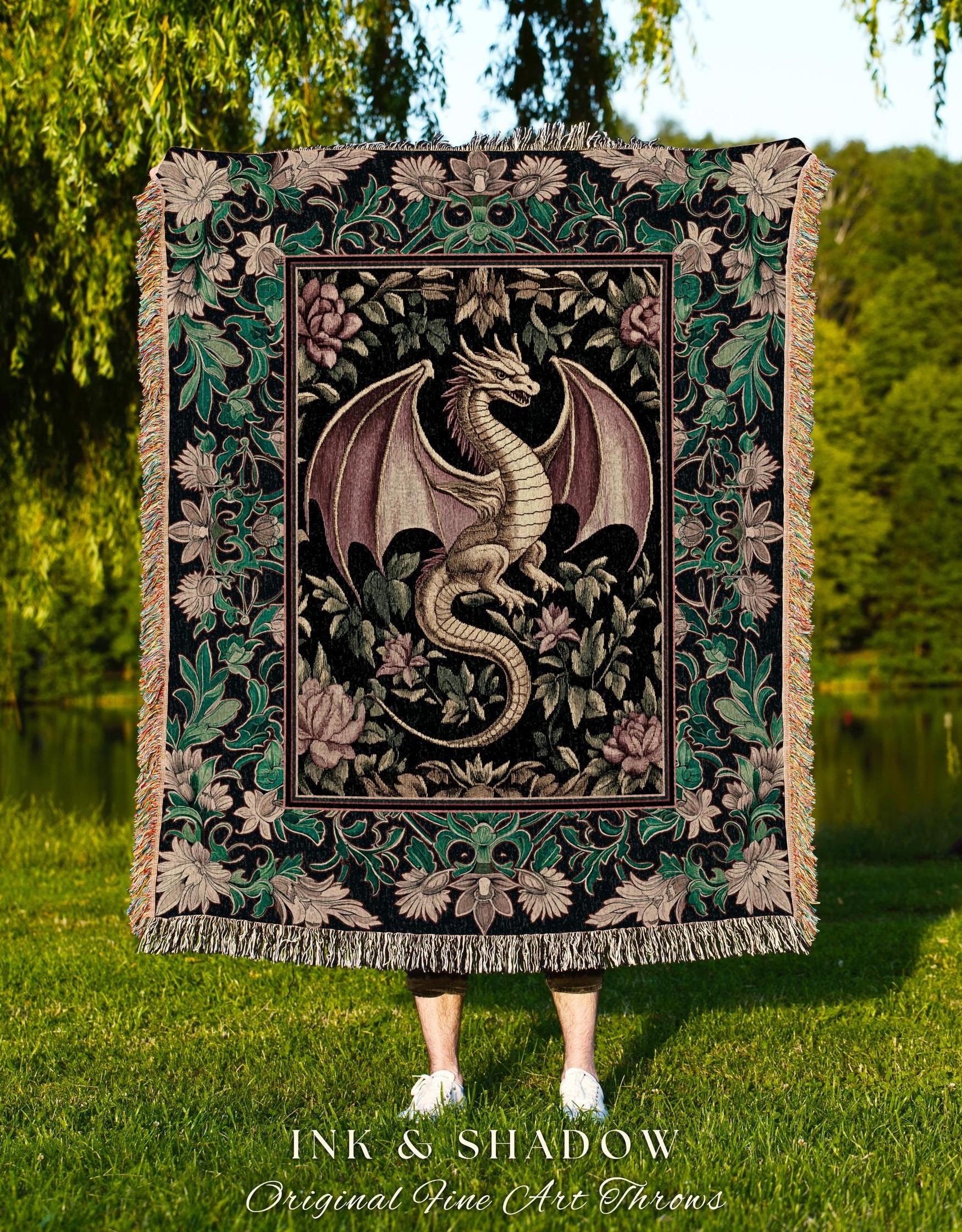 Victorian Gothic Medieval Dragon Blanket | Enchanted Ornate Baroque Fantasy Tapestry Throw Mystical Vintage Whimsigoth Woodland Bedroom Art