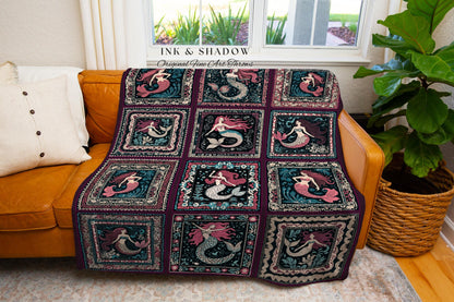Retro Mermaid Throw Blanket Cute | Vintage Sea Queen Mystical Selkie Tapestry Woven Throw Coastal Cottagecore Aesthetic Enchanted Fantasy |