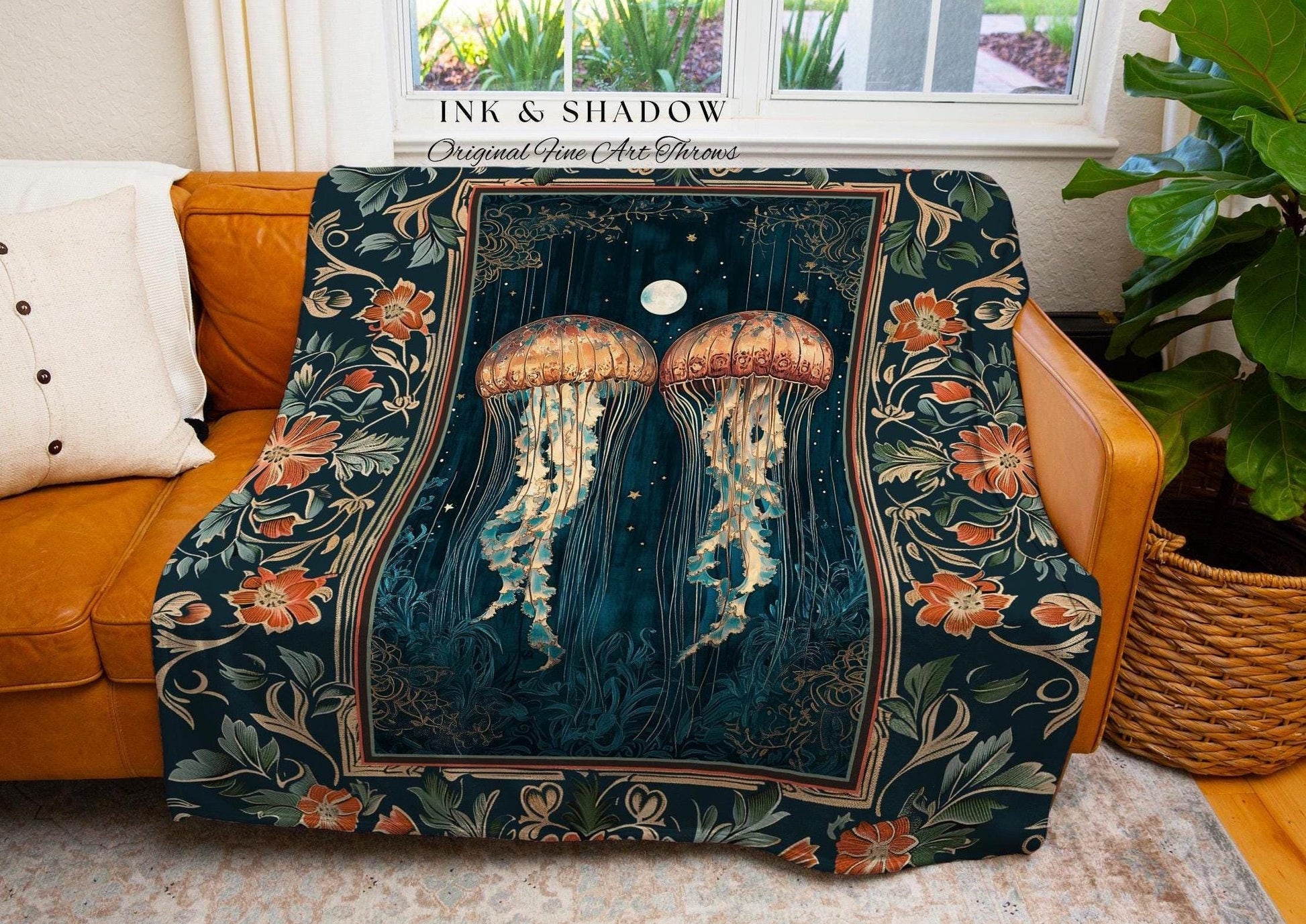 Ocean Gothic Jellyfish Cozy Throw Blanket | Celestial Costal Cottagecore Enchanted Whimsigothic Vintage Dark Floral Woven Tapestry Nautical