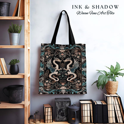 Art Deco Dragon Everyday Bag Antique Mystical Baroque Style Decor | Abstract Dragon Art Tote Whimsical Aesthetic Home Dark Academia Teal Bag