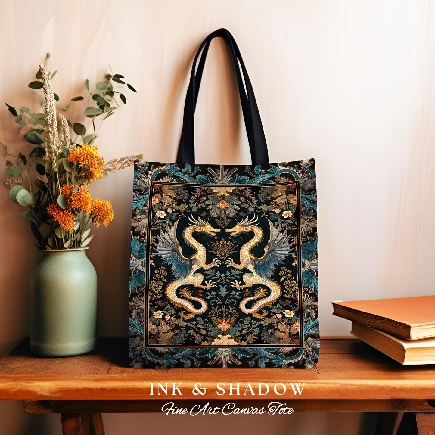 Art Deco Dragon Everyday Bag Antique Mystical Baroque Style Decor | Abstract Dragon Art Tote Whimsical Aesthetic Home Dark Academia Teal Bag