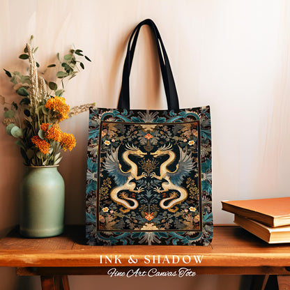 Art Deco Dragon Everyday Bag Antique Mystical Baroque Style Decor | Abstract Dragon Art Tote Whimsical Aesthetic Home Dark Academia Teal Bag