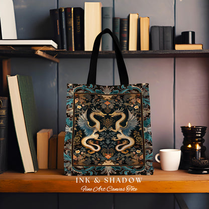 Art Deco Dragon Everyday Bag Antique Mystical Baroque Style Decor | Abstract Dragon Art Tote Whimsical Aesthetic Home Dark Academia Teal Bag