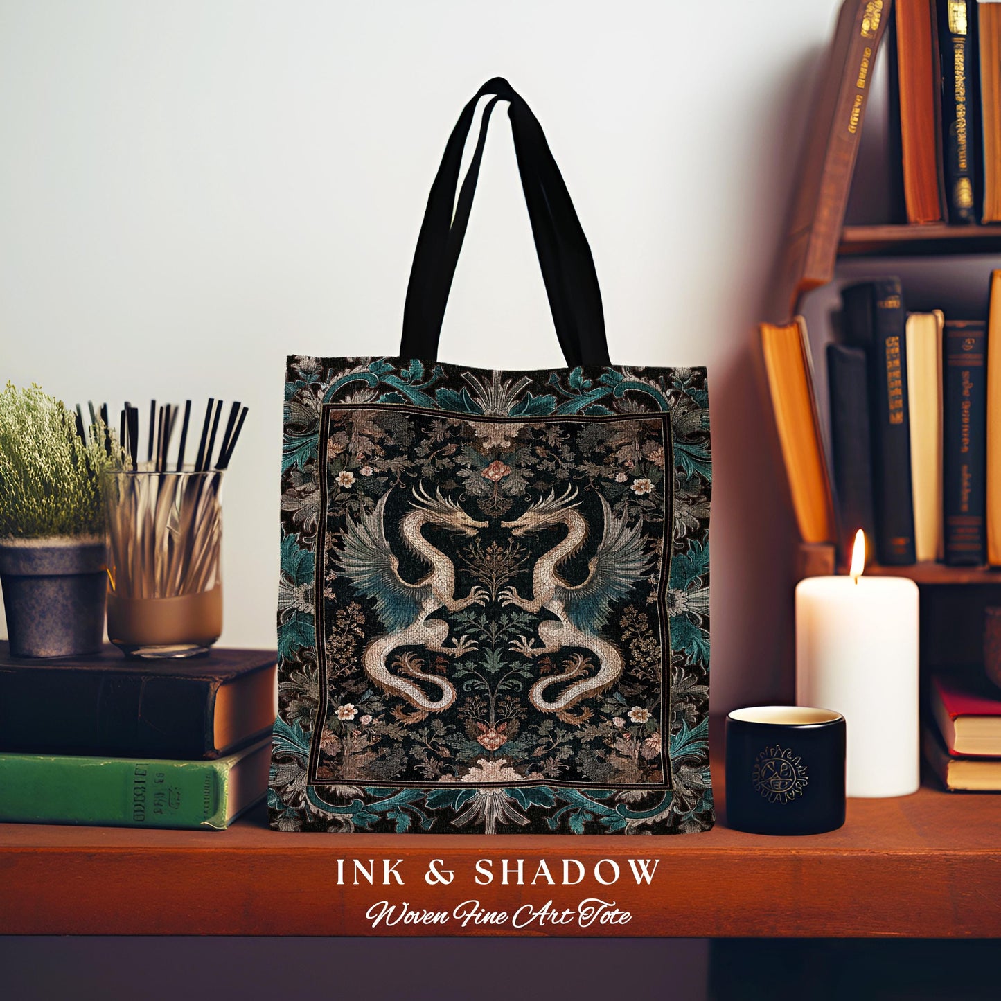 Art Deco Dragon Everyday Bag Antique Mystical Baroque Style Decor | Abstract Dragon Art Tote Whimsical Aesthetic Home Dark Academia Teal Bag