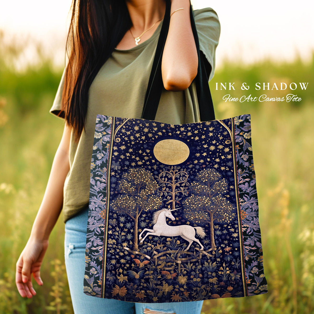 Medieval Fairytale Unicorn Tote | Gothic Whimsical Eclectic Fairycore Woven Tote Bag Victorian Gothic Dark Floral Decor French Baroque Art |