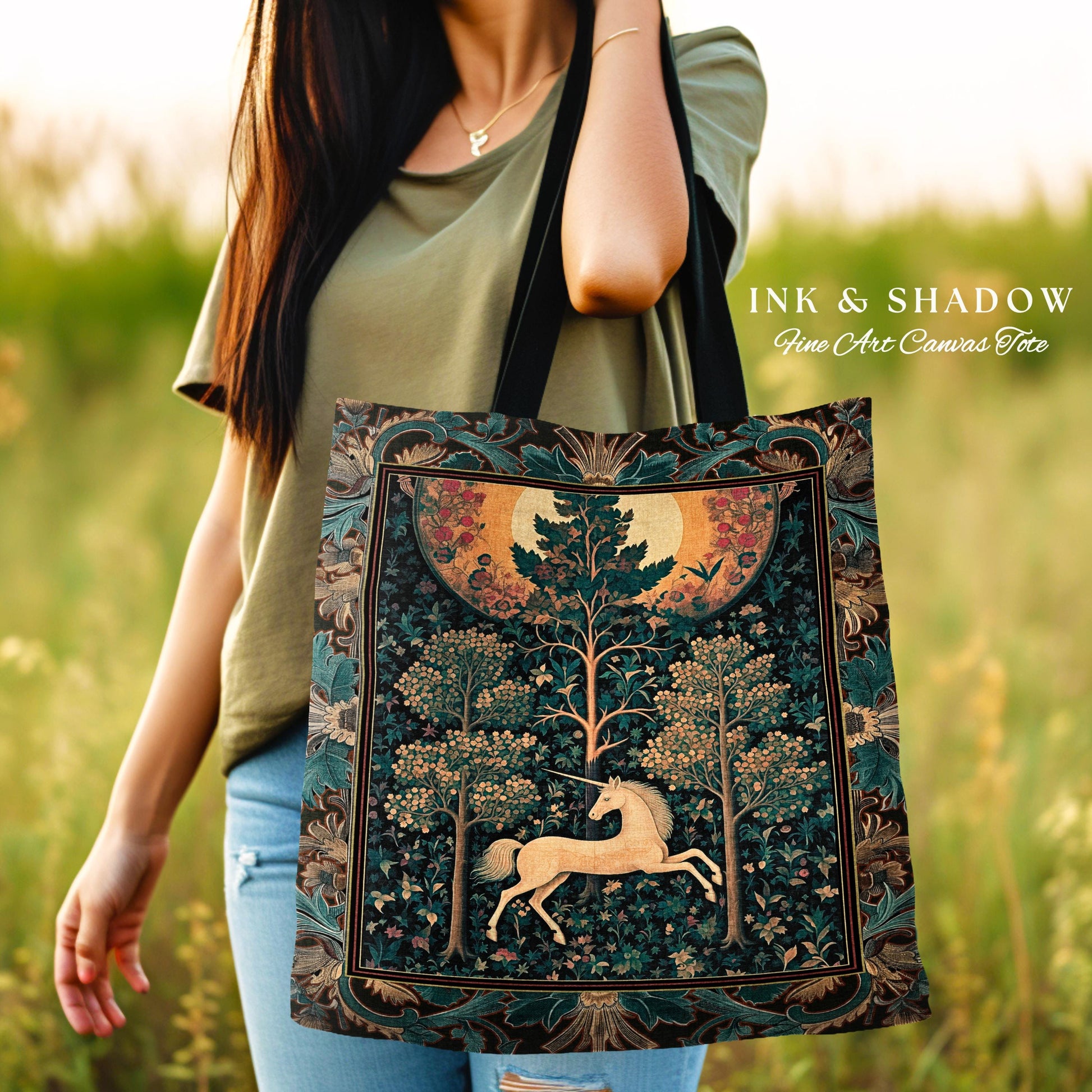 Moonlit Forest Mystical Unicorn Tapestry Bag Medieval Fairycore Decor | Renaissance Whimsical Gothic Aesthetic Woven Shoulder Bag Forestcore