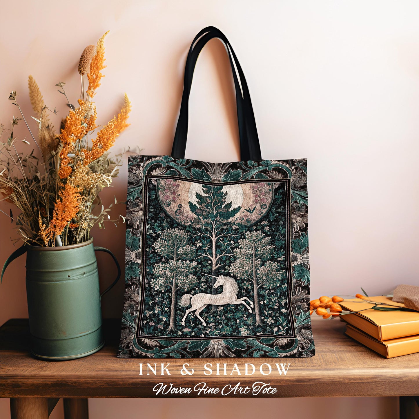 Moonlit Forest Mystical Unicorn Tapestry Bag Medieval Fairycore Decor | Renaissance Whimsical Gothic Aesthetic Woven Shoulder Bag Forestcore